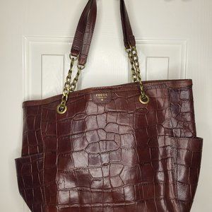 Fossil Mimi Shopper Dark Brown Crocodile Patent Leather Tote